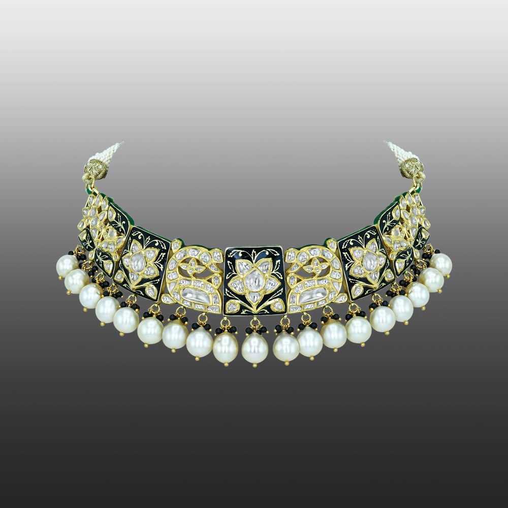 Polki Choker Necklace with Black Enamel and Pearls